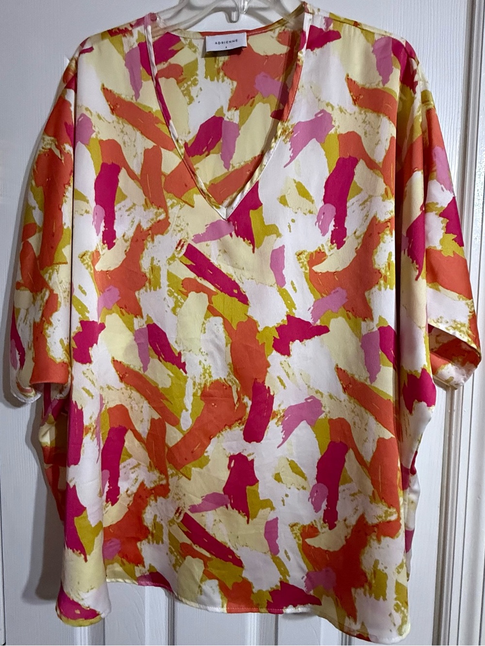Adrienne Abstract Brushstroke V-Neck Top in Coral, Pink & Yellow